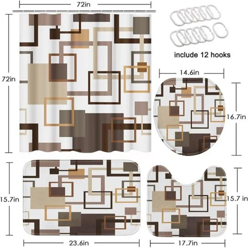 Brown Shower Curtain Set 4 Piece Bathroom Rug Toilet Lid Cover Geometric Modern